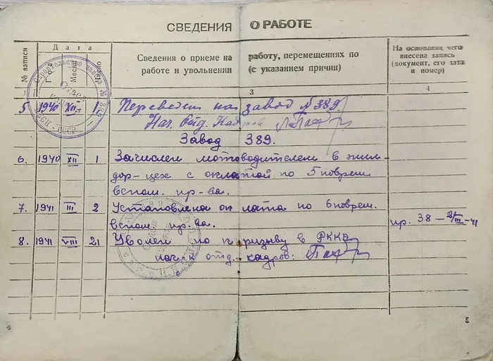 4 Страница трудовой книжки, сведения о работе 1940-1941 гг.